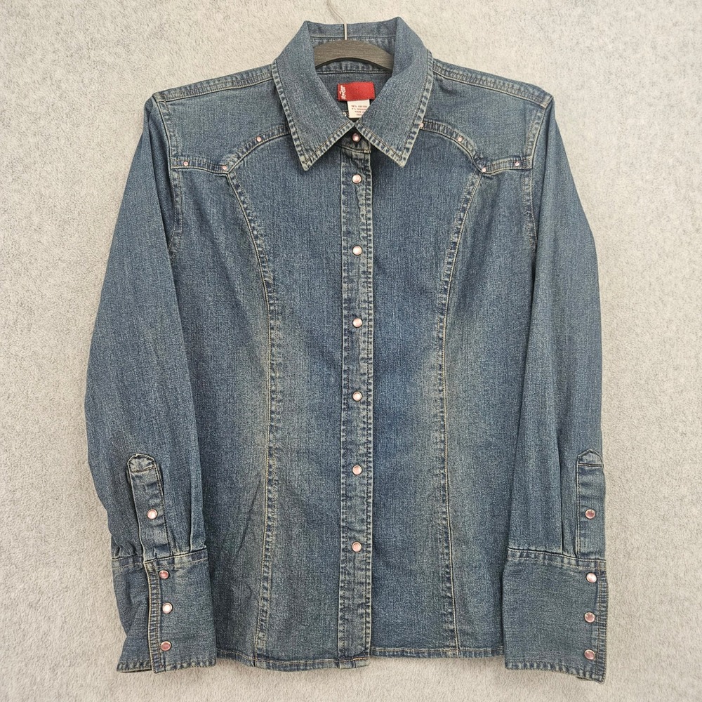 LEVIS | Denim Western Shirt Jacket Womens Size M Blue Rhinestone Snap Front Y2K